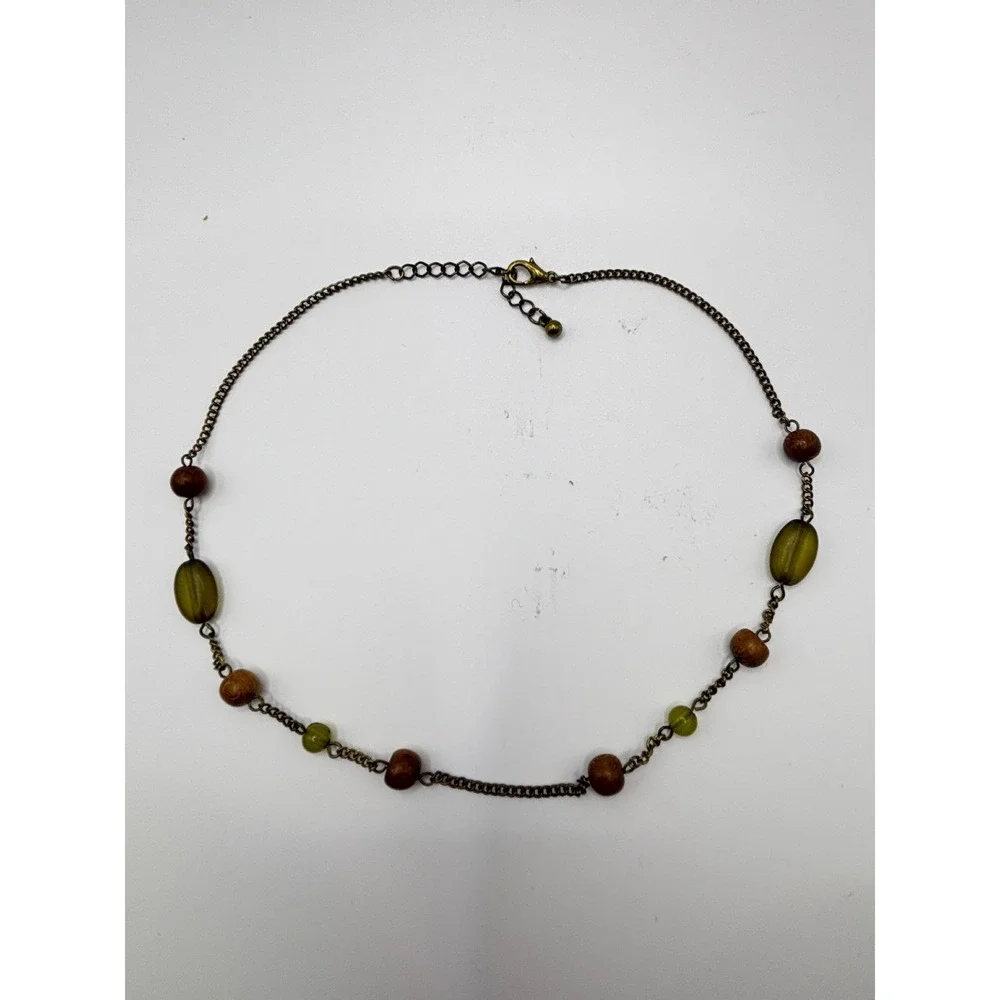 Sonoma Life + Style Green Genuine Stone and Wood Bead Brass Tone Necklace 15